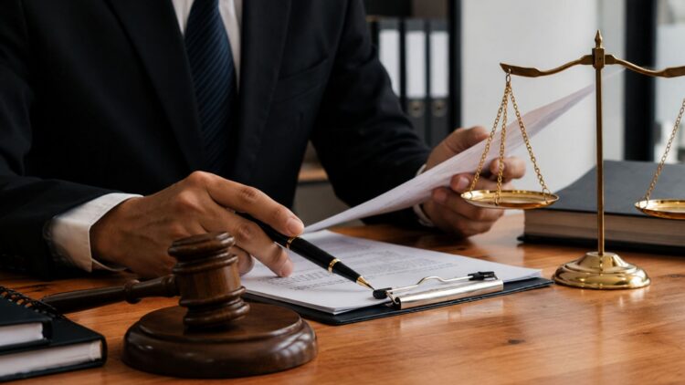 Legal professional reviewing documents beside a gavel and scales of justice