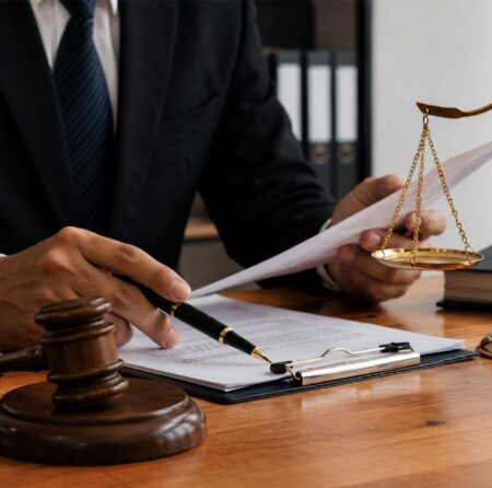 Legal professional reviewing documents beside a gavel and scales of justice